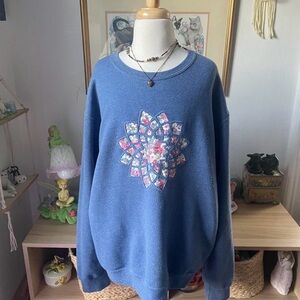 Vintage Navy Blue Crewneck Sweater with Floral Medallion